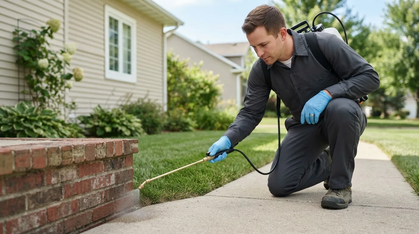 Pest control technician treating a home near Kirklin, IN